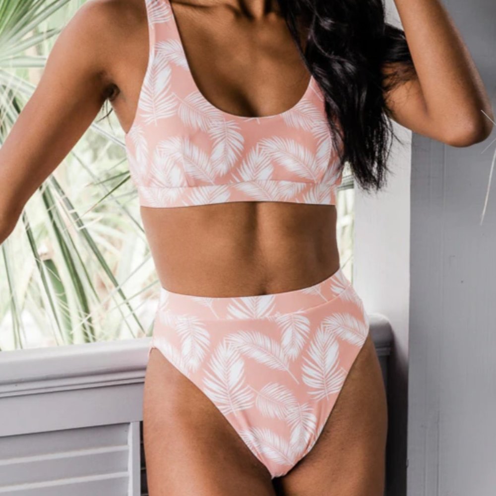 Pink Lily Seaside Escape Peach Leaf Bikini Top and High Waisted Bottoms